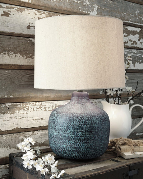 Malthace Patina Table Lamp side view showing hammered aluminum base and drum shade