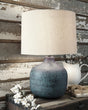 Malthace Patina Table Lamp side view showing hammered aluminum base and drum shade