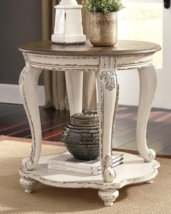 Realyn Round White and Brown End Table showing front angle