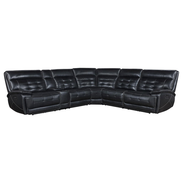 Hewitt black leather power reclining sectional sofa front view