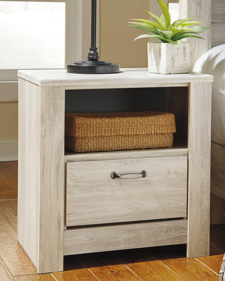 Bellaby Whitewash Nightstand front angle showing drawer and charging port