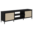 Amherst 70-inch black metal TV stand front view with closed rattan doors