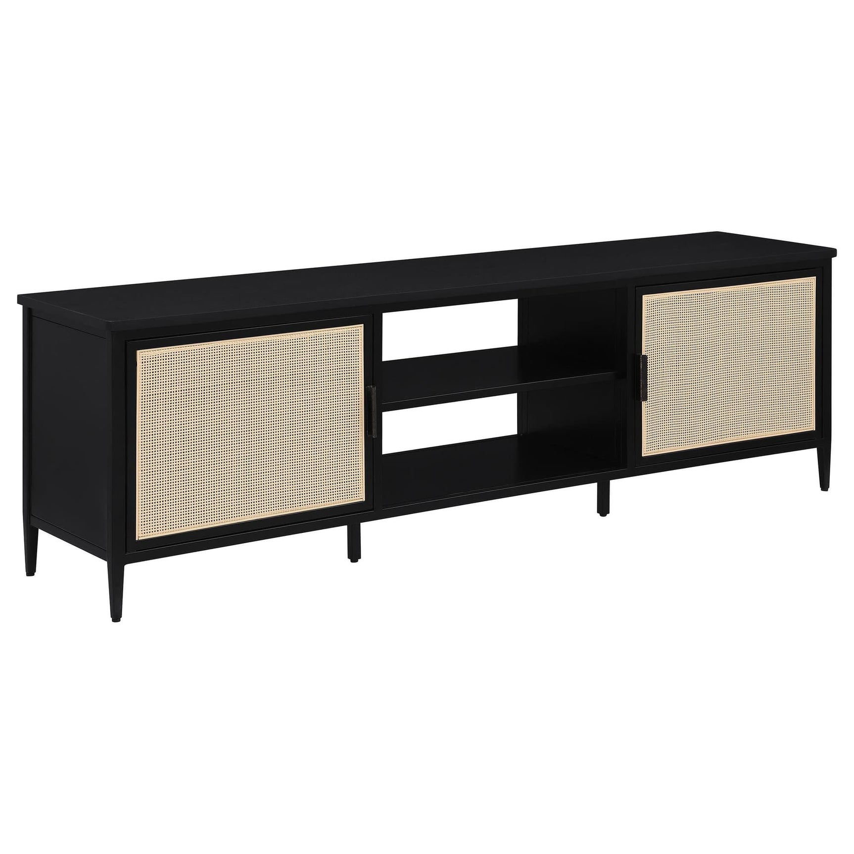 Amherst 70-inch black metal TV stand front view with closed rattan doors