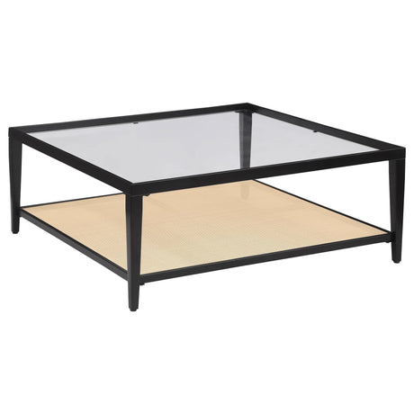 Amherst coffee table front view with glass top and cane shelf