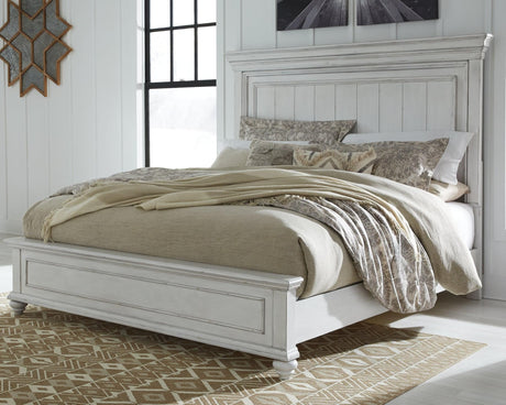 Kanwyn Whitewash Queen Panel Bed front view showing distressed finish