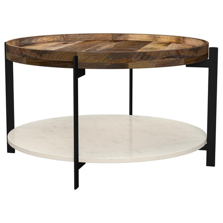 Adhvik round coffee table with solid mango wood top view