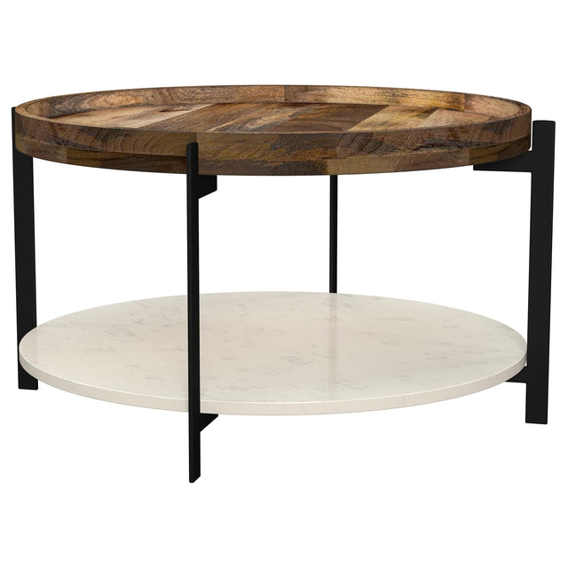 Adhvik round coffee table with solid mango wood top view