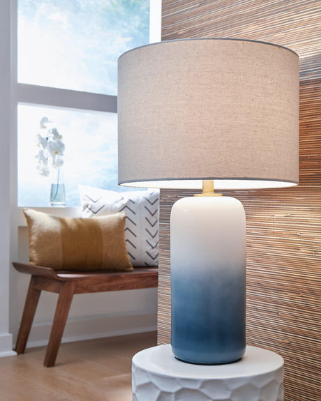Lemrich ceramic table lamp with white and teal ombré finish, front angle