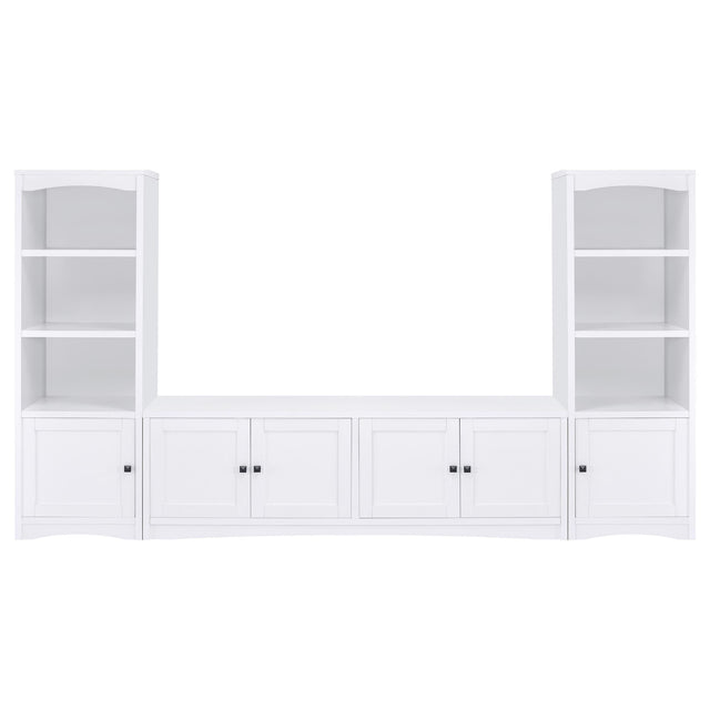 Laughlin 3-piece entertainment center with white TV stand and media towers