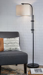 Baronvale black floor lamp with white drum shade - front view