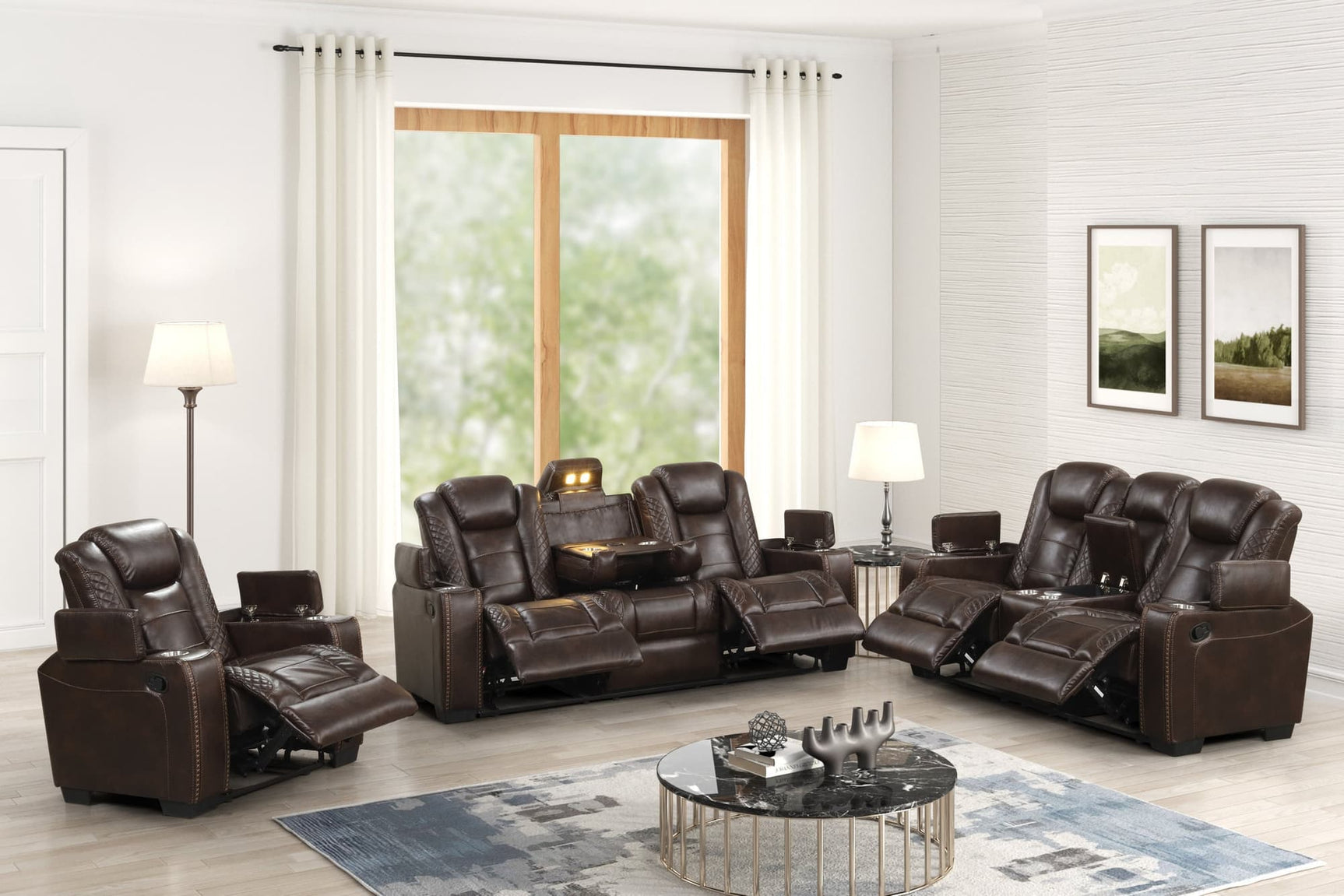Stefano brown gel leather 3-piece reclining set front view