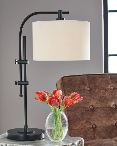Baronvale Black Accent Lamp angled view showing black metal frame and white drum shade