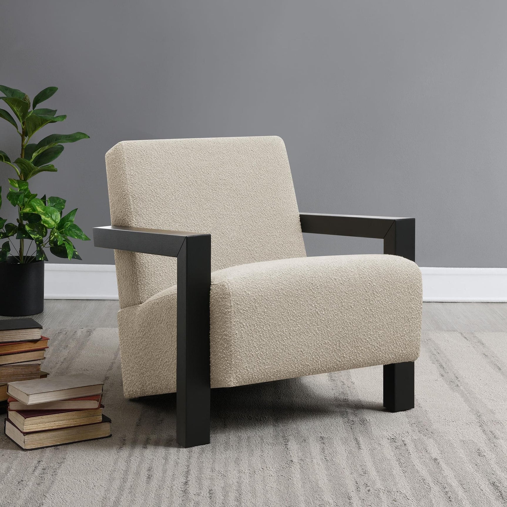 Fitzroy latte boucle upholstered accent arm chair front view