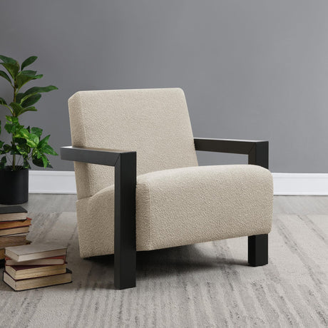 Fitzroy latte boucle upholstered accent arm chair front view