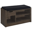 Arrington Storage Bench Smoked Oak front view with upholstered black seat