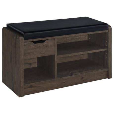 Arrington Storage Bench Smoked Oak front view with upholstered black seat