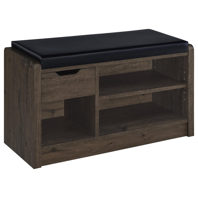 Arrington Storage Bench Smoked Oak front view with upholstered black seat