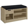 Arrington Storage Bench white oak with upholstered black seat, front view