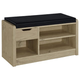 Arrington Storage Bench white oak with upholstered black seat, front view