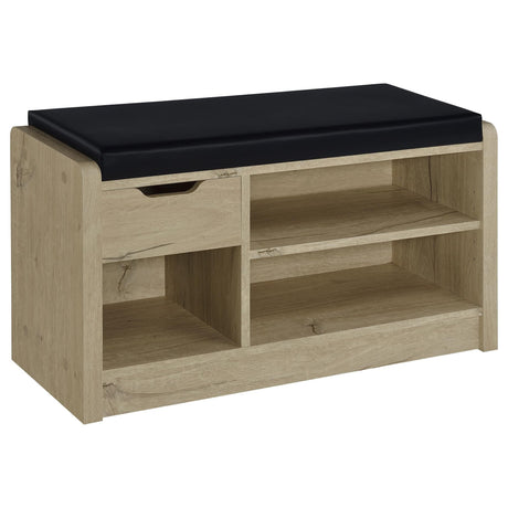 Arrington Storage Bench white oak with upholstered black seat, front view