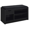 Front view of Arrington black storage bench with leatherette seat