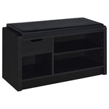 Front view of Arrington black storage bench with leatherette seat