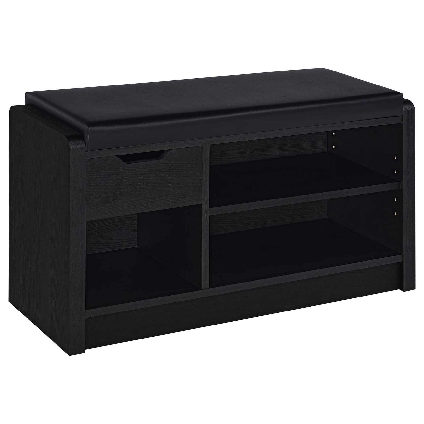 Front view of Arrington black storage bench with leatherette seat