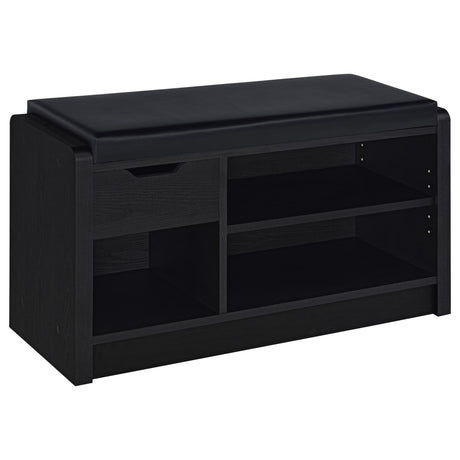 Front view of Arrington black storage bench with leatherette seat