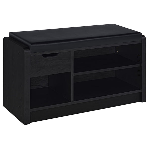 Front view of Arrington black storage bench with leatherette seat
