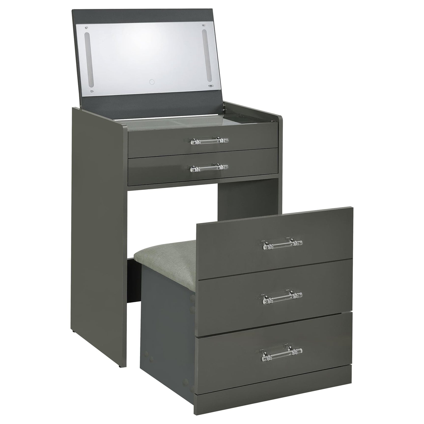 Danbury 3-drawer grey high gloss makeup vanity and stool set front view