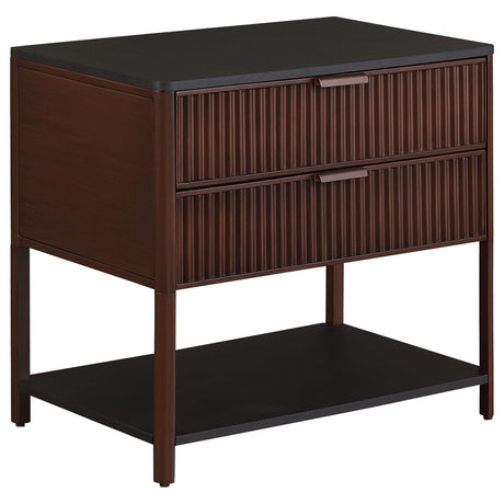 Zimmerlee Rust Brown 2-Drawer Side Table with Shelf, front view