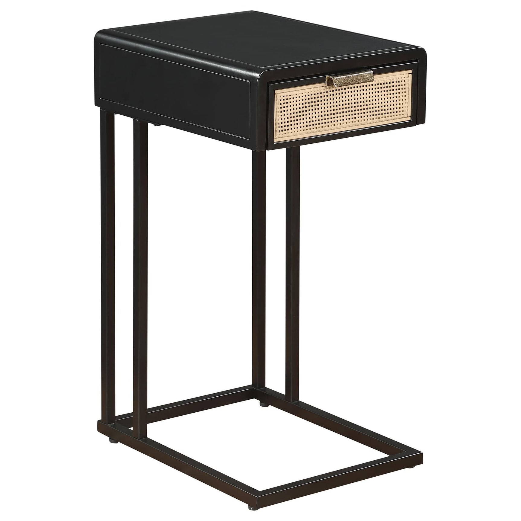 Amherst side table front view showing single drawer with radio weave cane detail