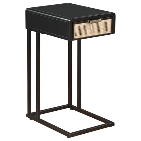 Amherst side table front view showing single drawer with radio weave cane detail