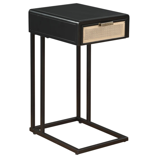 Amherst side table front view showing single drawer with radio weave cane detail