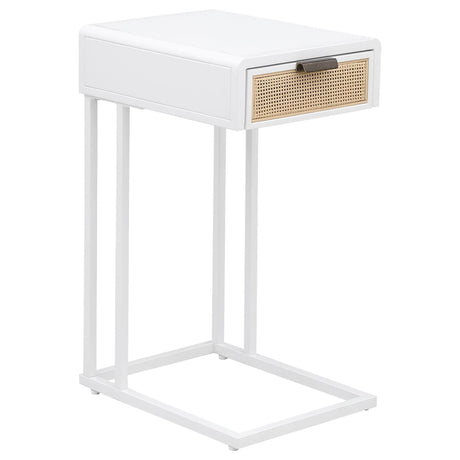 Amherst side table front view showing white metal frame and radio weave cane drawer
