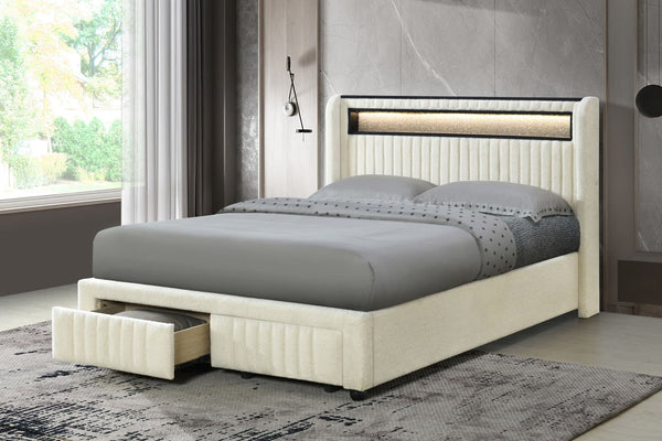 Cupid full platform bed upholstered in beige fabric with LED lighting and storage drawers
