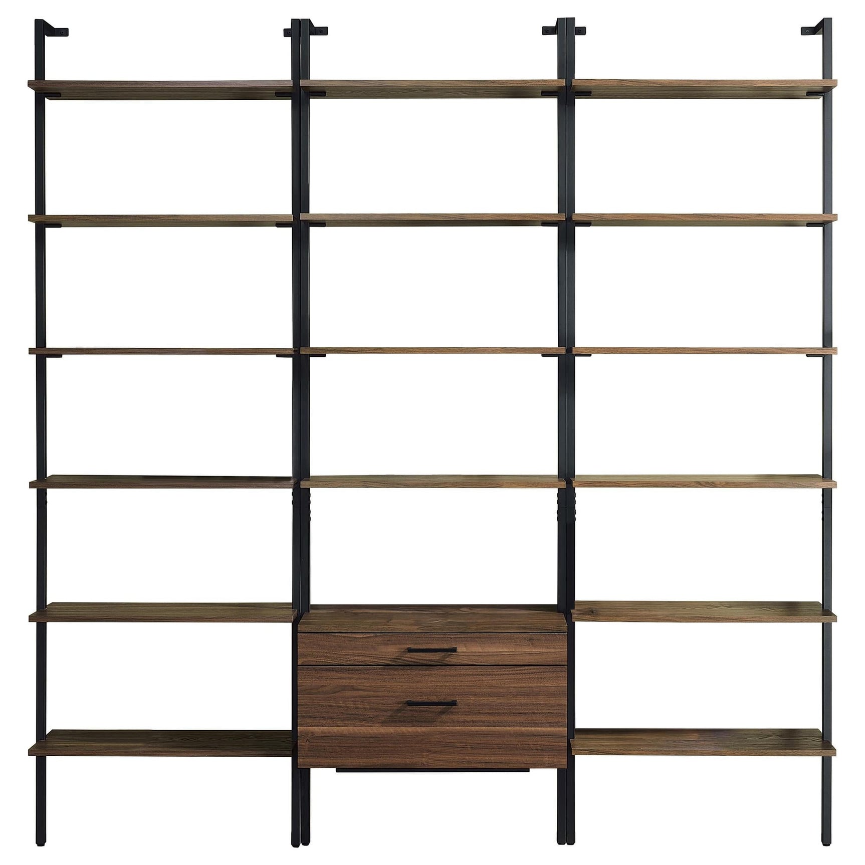 Owens 3-piece walnut wall-mounted bookshelf set front view