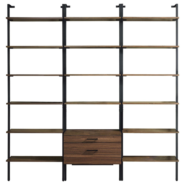 Owens 3-piece walnut wall-mounted bookshelf set front view