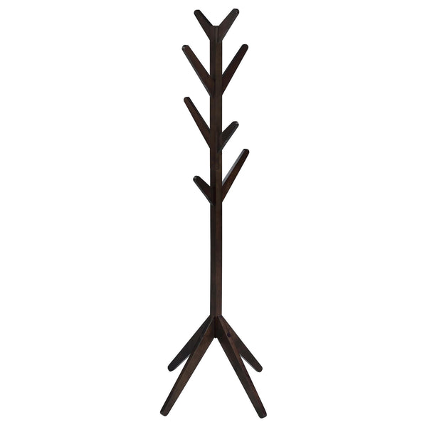 Margaret solid rubberwood coat rack in cappuccino finish with 8 hooks front view