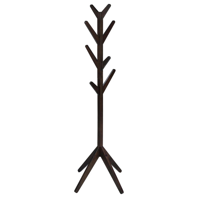 Margaret solid rubberwood coat rack in cappuccino finish with 8 hooks front view