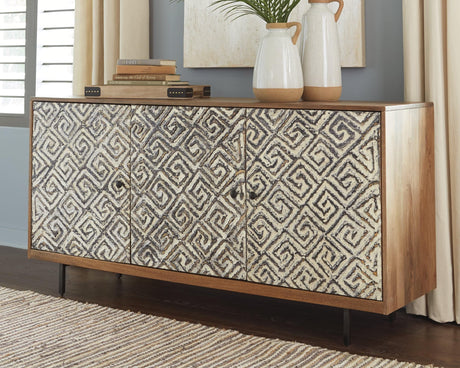 Kerrings Accent Cabinet front angle showing carved Greek key doors