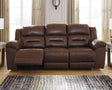 Stoneland Chocolate Faux Leather Power Reclining Sofa angled side view