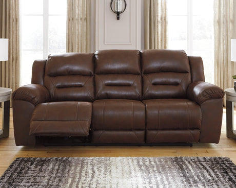 Stoneland Chocolate Faux Leather Power Reclining Sofa angled side view