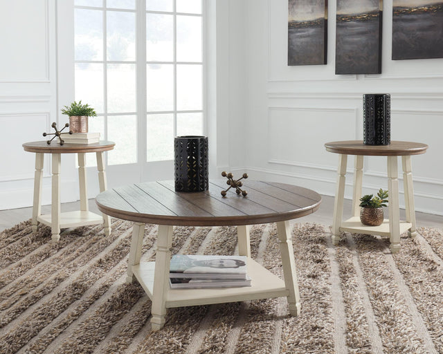 Bolanbrook Two-Tone Table Set of 3, front view showing coffee and end tables