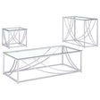 Lille 3-piece glass top coffee, end, and sofa table set with chrome bases, front angle