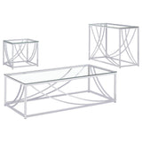 Lille 3-piece glass top coffee, end, and sofa table set with chrome bases, front angle