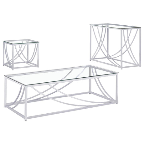 Lille 3-piece glass top coffee, end, and sofa table set with chrome bases, front angle