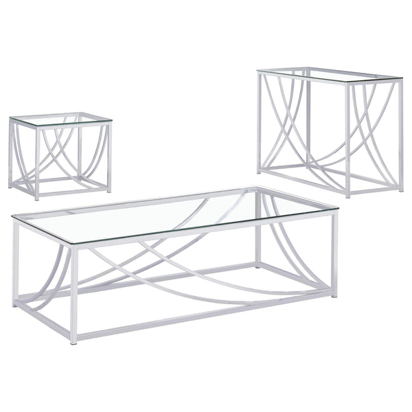 Lille 3-piece glass top coffee, end, and sofa table set with chrome bases, front angle