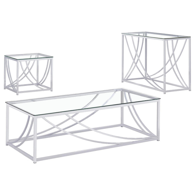 Lille 3-piece glass top coffee, end, and sofa table set with chrome bases, front angle