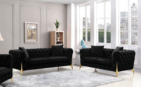 Front view of Star Black velvet sofa and loveseat set with gold legs